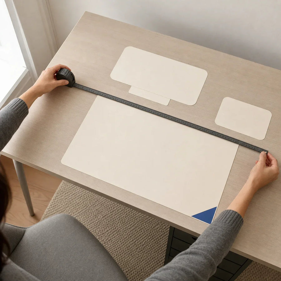 Hands using a tape measure to map the width and depth of a compact desk