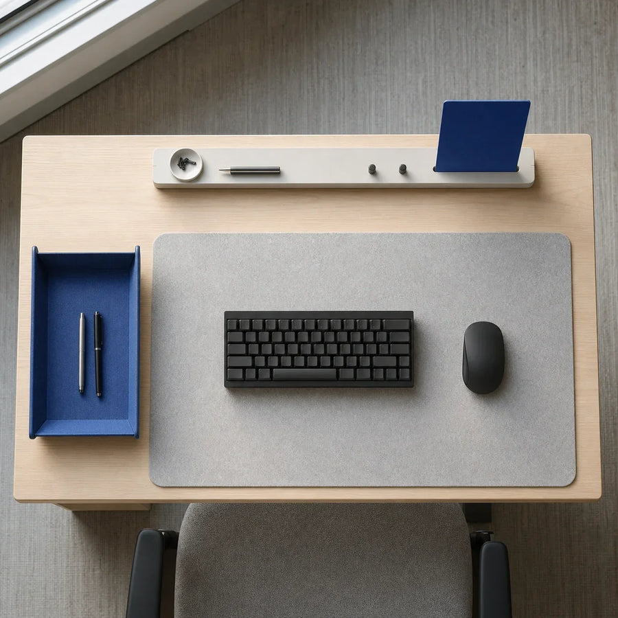 Top-down desk divided into a central work field, reference edge, and tool return zone