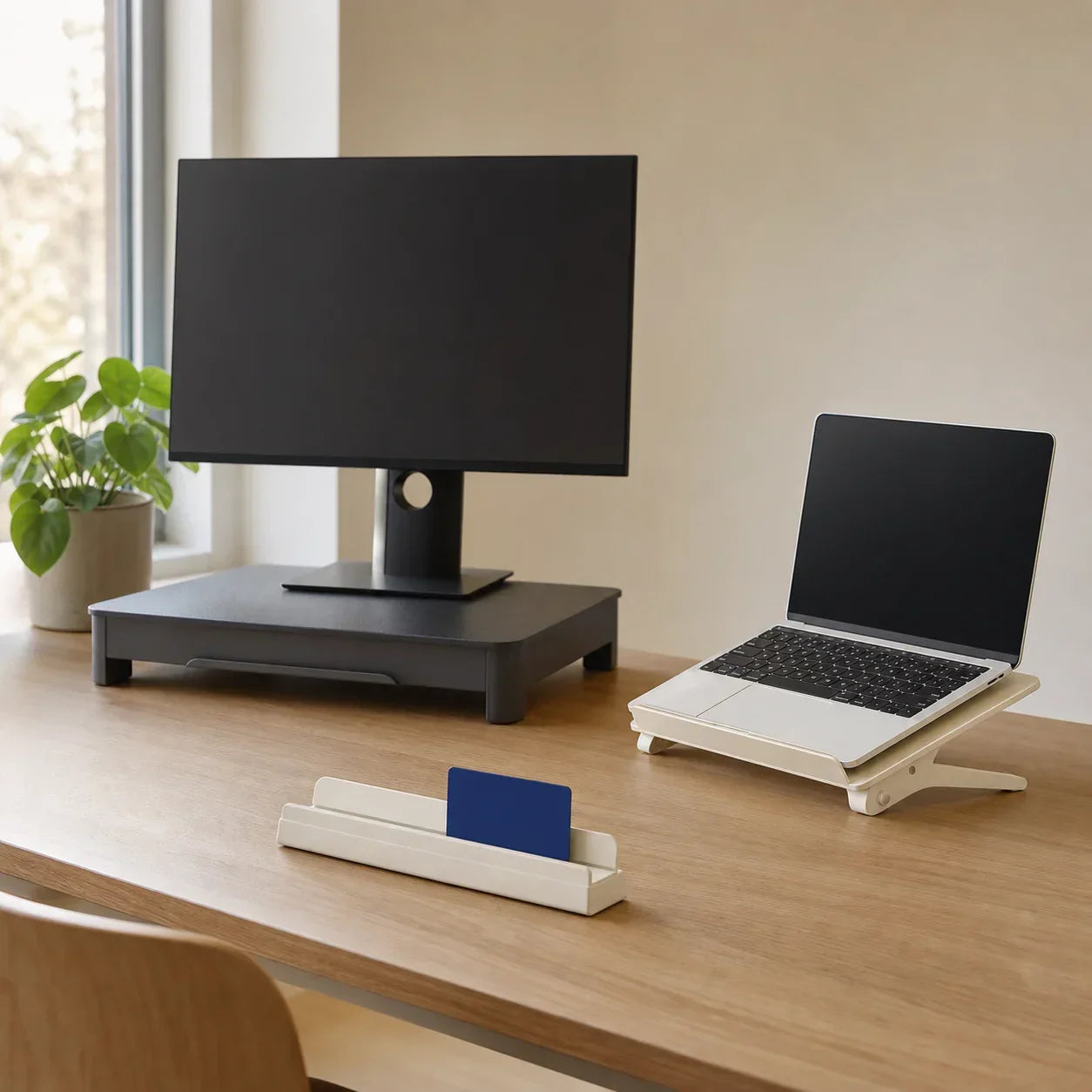 Low monitor platform, folding laptop stand, and reference ledge arranged on a neutral desk
