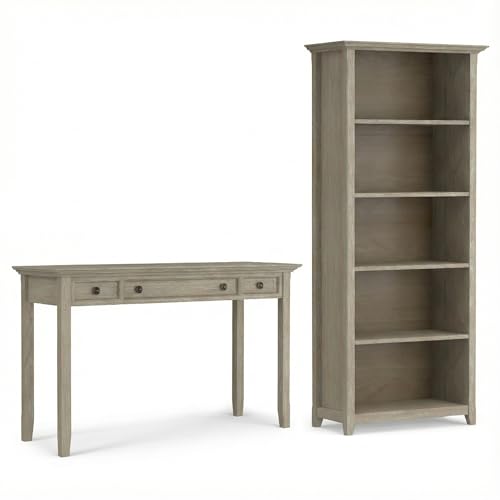 Bundle of Amherst Solid Wood Furniture in Distressed Grey – 70" 5-Shelf Bookcase & 54" Writing Desk, Transitional Storage and Workspace with Adjustable Shelves, Drawers, and Tapered Legs