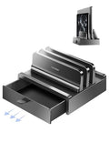 Vertical Laptop Stand with Drawer,Dual Slots Plastic Laptop Holder Storage with Space Saving 4-in-1 Design,Adjustable Laptop Organizer Stand for Desk,Supports MacBook,Chromebook,Surface,Dell