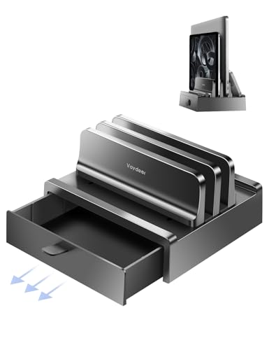 Vertical Laptop Stand with Drawer,Dual Slots Plastic Laptop Holder Storage with Space Saving 4-in-1 Design,Adjustable Laptop Organizer Stand for Desk,Supports MacBook,Chromebook,Surface,Dell
