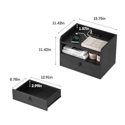 Floating Nightstand Set of 2 Modern Night Stands with Drawer and Open Shelf - view 2