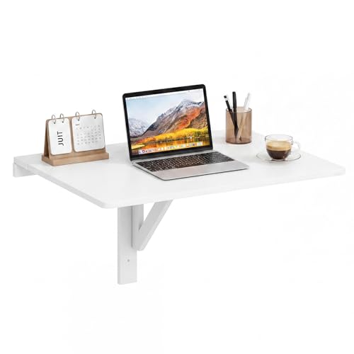 Wall-Mounted Folding Desk, Wooden Floating Laptop Table with Drop Leaf Design, Space-Saving Foldable Wall Desk for Study, Bedroom, Living Room, Laundry (White)