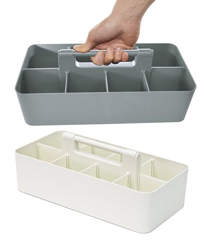 Portable Caddy Organizer -2 Stackable Plastic Caddy with Handle | Desk, Makeup, Dorm Caddy, Classroom Art Organizers (Made In Usa) (Ivory/Orion Gray)