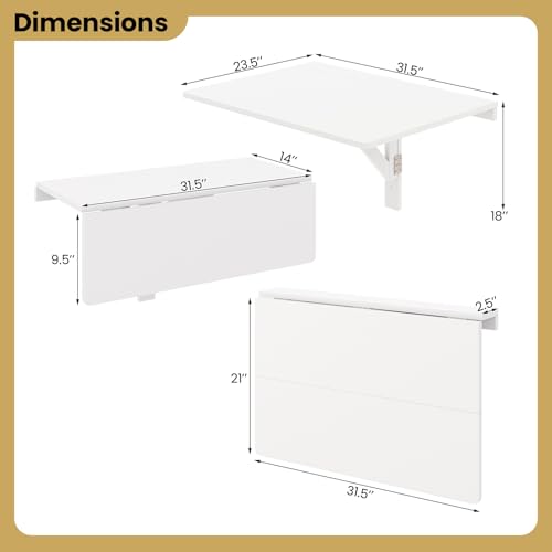 Wall-Mounted Folding Desk, Wooden Floating Laptop Table with Drop Leaf Design, Space-Saving Foldable Wall Desk for Study, Bedroom, Living Room, Laundry (White) - view 3