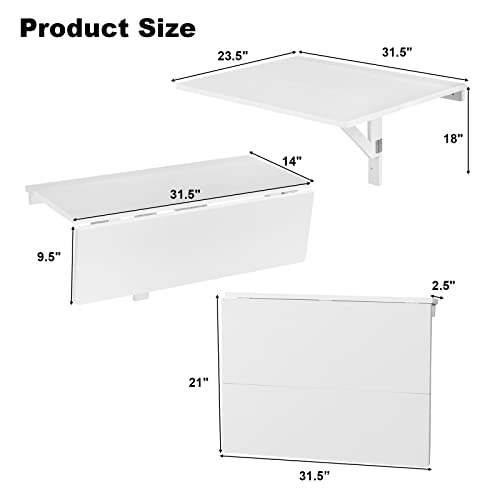 Wall Mounted Folding Table, 31.5" x 23.5" Drop-Leaf Floating Writing Desk for Small Spaces, Space-Saving Fold Down Laptop Workstation for Kitchen, Bedroom, Laundry Room, Study Room (White) - view 3