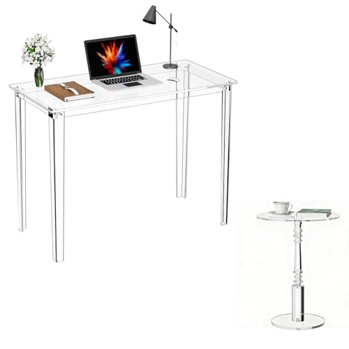 Clear Acrylic Writing Desk & Modern Round Acrylic Side Table Bundle, 2-Piece All-Clear Transparent Furniture Set for Home Office, Living Room, Bedroom & Lobby, Space Saving Easy Assembly Combo