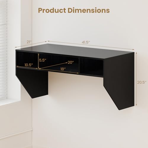 Wall-Mounted Computer Desk, Floating Laptop Desk with 3 Storage Compartments, Space-Saving Home Office Workstation Vanity Table for Bedroom, Study, Living Room (Black) - view 3