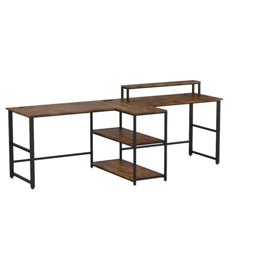 94.5" 2 Person Gaming Desk with Storage Shelf,LED Light,Rustic Brown - view 4