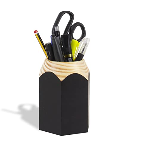 Sharpener Shaped Pen Holder – Black Solid Wood and Steel and Retro Design – Organizes Desk Accessories, Adds Charm to Workspaces, Great Gift – Fun Collection