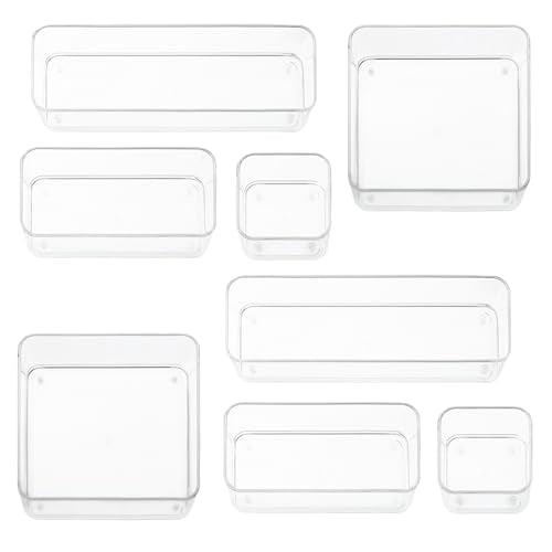 Eight Piecs. Plastic Clear Drawer Organizers for Bathroom, Kitchen, Bedroom, Office Organizer Bins, Storage Trays. Heavy Duty, Stackable 4 Sizes