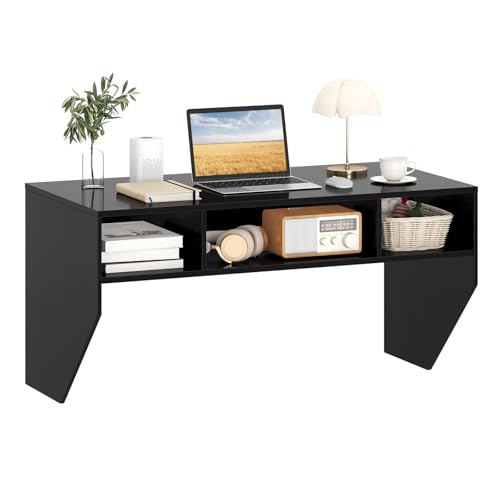 Wall-Mounted Computer Desk, Floating Laptop Desk with 3 Storage Compartments, Space-Saving Home Office Workstation Vanity Table for Bedroom, Study, Living Room (Black)