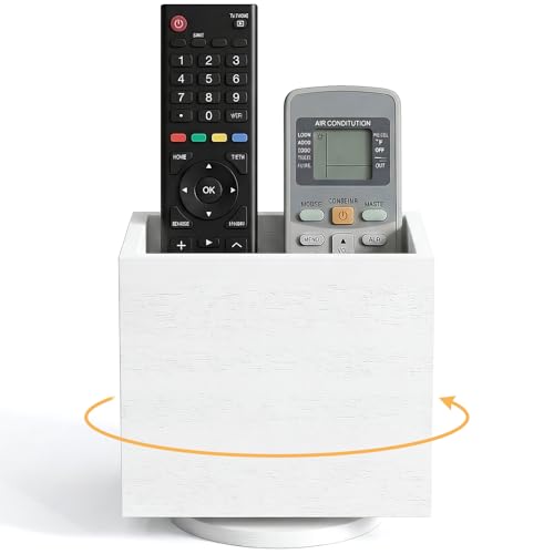 360° Rotating Remote Control Holder, Wooden TV Controller Holder, Remote Holder for Table, Desktop Caddy for Pen, Phone, Small Item Home Office School (White)