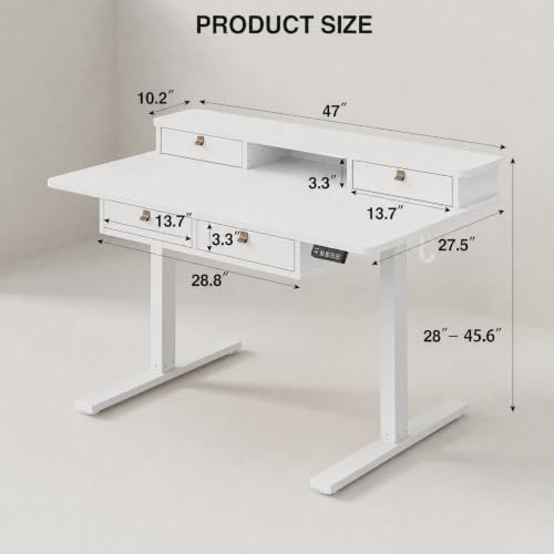 Electric Standing Desk with Four Drawers, Sit to Stand Up Height Adjustable Desk with Storage Shelf for Home Office, 47 * 28 Inch, Study, Ergonomic Adjustable Computer Desk, White - view 3
