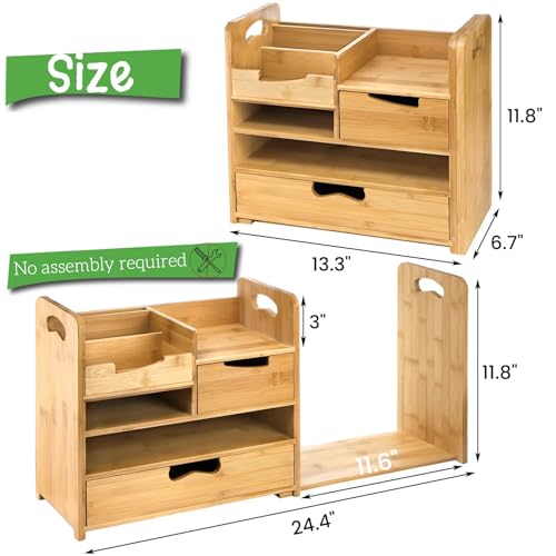 Bamboo Desk Organizer with Adjustable File Holder, Mail Organizer Countertop with Drawer, 4-Tier Desktop Organization and Desk Accessories for Home Office School Supplies, No Assembly Required - view 2