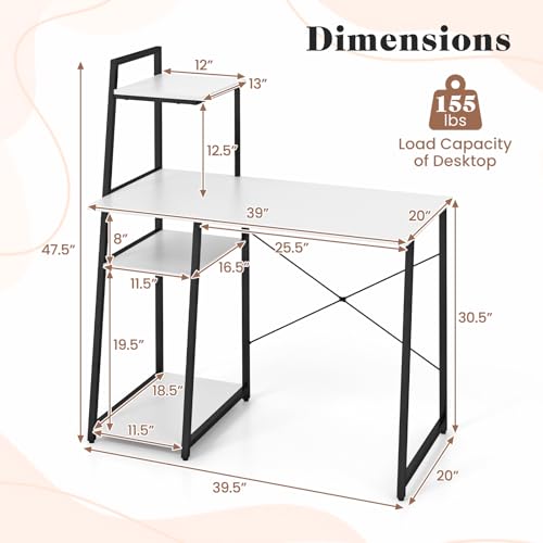 Computer Desk with Shelves, Space Saving Home Office Desk with 3-Tier Ladder Shaped Storage Bookshelf, Modern Writing Study Desk with Metal Frame, Compact Computer Workstation (White) - view 3