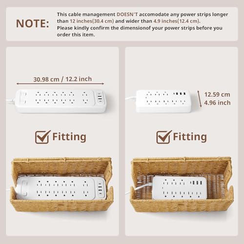 Cable Management Box, Handwoven Synthetic Rattan Cable Organizer, 2 Side Open Slots Cords Hider Box, Under Desk Cord Organizer for USB Wire, TV PC Charger & Power Strip, Natural - view 3