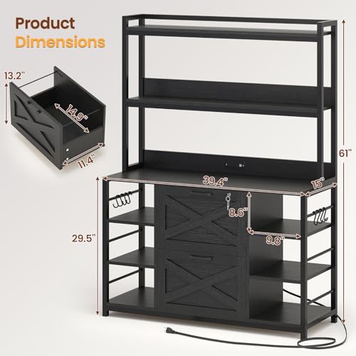 File Cabinet with Charging Station, Vertical Filing Cabinet with Lock for Home Office, Printer Stand with Open Storage Shelf, Fits Legal/Letter/A4 Size, Black - view 2