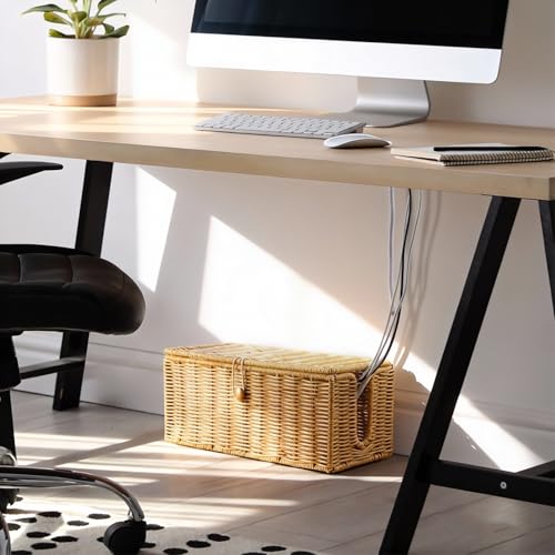 Cable Management Box, Handwoven Synthetic Rattan Cable Organizer, 2 Side Open Slots Cords Hider Box, Under Desk Cord Organizer for USB Wire, TV PC Charger & Power Strip, Natural - view 7