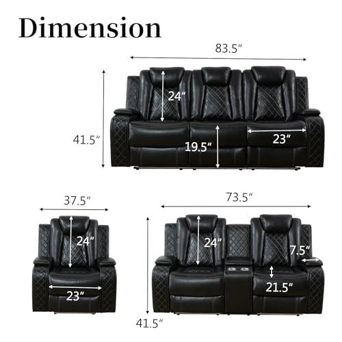Power Recliner Sofa Set, Breathing Leather Reclining Couch Set, 3 Piece Living Room Furniture Set with LED Lights/Charging Ports/Storage for Home/Office (Black, Sofa+Loveseat+Chair) - view 2