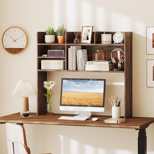 Desk Hutch, 37" Desktop Bookshelf with 6 Shelves, Wooden Desktop Organizer Display Rack with Adjustable Shelf, 3 Tier Desk Topper for College Dorm, Hutch Top Only - view 2