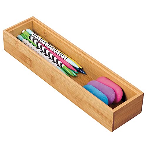Slim Wooden Bamboo Drawer Organizer for Office - 12" Long Stackable Storage Box Tray for Desk Drawers/Cabinet - Junk Drawer and Accessories Organization - Echo Collection, 2 Pack, Natural Wood - view 4