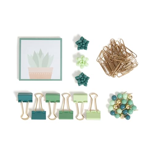 Office Accessory Kit, Office Supplies, Includes 1 Sticky Note pad, 35 Gold Paper Clips, 20 Sphere Push pins, 3 Succulent Magnets and 6 Medium Binder Clips, Succulent Garden - view 2