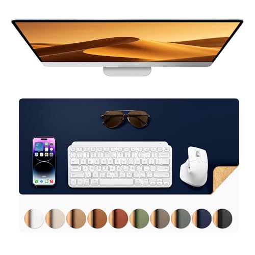 Dual-Sided Desk Mat, FSC Cork & PU Leather Desk Pad, Large Mouse Pad & Writing Surface for Compact Workspace, Non-Slip Waterproof Desk Protector - 25.6" x 13.7", Dark Blue