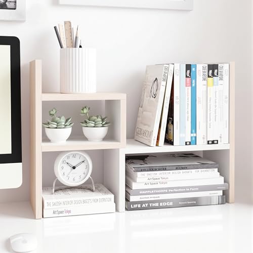 Desktop Organizer Office Storage Rack Adjustable Wood Display Shelf, White, 5 Units, 16"L x 15.8"H x 6.8"W