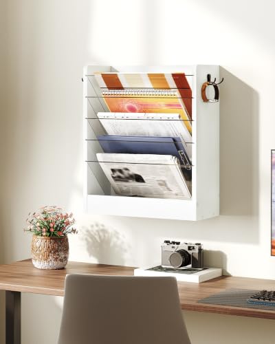 Wall File Holder, 6-Tier File Organizer, Office Supplies Storage Rack, Versatile Desktop Organizer, with Detachable Shelves, with Side Hooks, for Living Room, Study, Home Office, White MWJ02WB - view 4