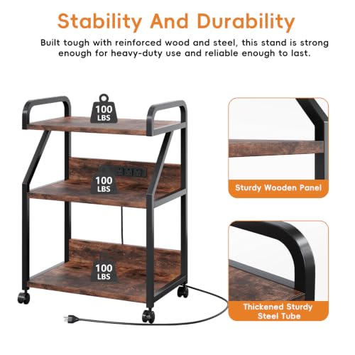 Large 3-Tier Printer Stand with Charging Station, Rustic Brown - view 5
