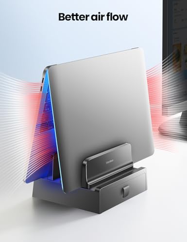 Vertical Laptop Stand with Drawer,Dual Slots Plastic Laptop Holder Storage with Space Saving 4-in-1 Design,Adjustable Laptop Organizer Stand for Desk,Supports MacBook,Chromebook,Surface,Dell - view 5