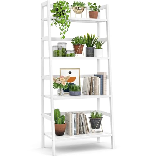 White Ladder Shelf, Bamboo 4-Tier Bookshelf & Bookcase Organizer