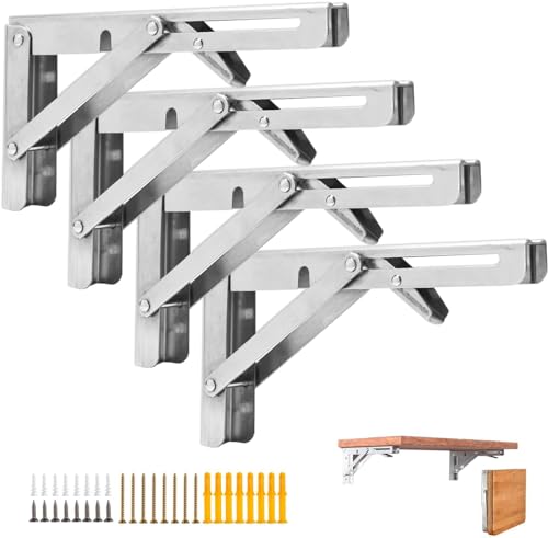 4Pcs 20" Folding Shelf Brackets, Shelf Brackets Max. Load 220 lb Collapsible Heavy Duty Stainless Steel DIY Wall Mounted Shelf Bracket Space Saving for Work Table Bench, 20Inch Silver
