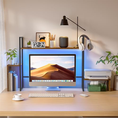 LED Desk Shelf Organizer with RGB Light Strip, 2-Tier Desktop Shelf for Computer Monitor, Sturdy Metal Frame & Wood Shelves - Desk Hutch Bookshelf for Home Office, Dorm, Gaming (Brown) - view 2