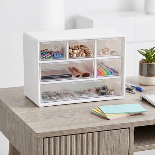 Small Drawer Organizer for Desk with 6 Clear Drawers, Mini Desktop Storage Box Plastic Craft Organizer for Office School and Home, White Drawer Organizer for Small Items Accessories Supplies