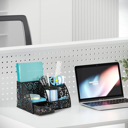 Desk Organizer and Pen Holder for Desk, Mesh Office Supplies Storage Caddy with Drawer for Small Space, Desktop Organizer for Home Office, Black - view 6