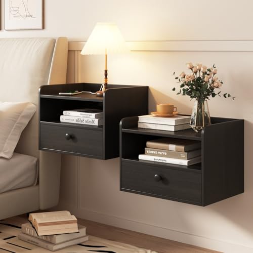 Floating Nightstand Set of 2 Modern Night Stands with Drawer and Open Shelf