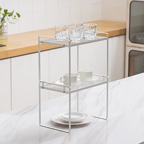 2pk Kitchen Cabinet Shelf Counter Organizer Rack Pantry Storage Bathroom Bedroom Office Table Desk Space Saving Steel Frame Stackable Rust Resistant Non Slip White-Tall- L13in W8.3in H9.5in - view 2
