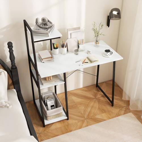 Computer Desk with Shelves, Space Saving Home Office Desk with 3-Tier Ladder Shaped Storage Bookshelf, Modern Writing Study Desk with Metal Frame, Compact Computer Workstation (White) - view 4