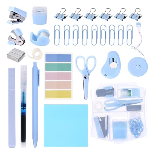 Mini Office Supply Kit, Blue Stapler with Staples and Tape Dispenser Set, Mini Stationary Kit Includes Sticky Notes Index Tabs Highlighters Gel Pens for Office & School (Blue)