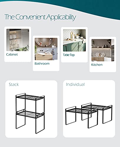 2pk Kitchen Cabinet Shelf Counter Organizer Rack Pantry Storage Bathroom Bedroom Office Table Desk Space Saving Steel Frame Stackable Rust Resistant Non Slip Black-Tall-L13in W8.3in H9.5in - view 4