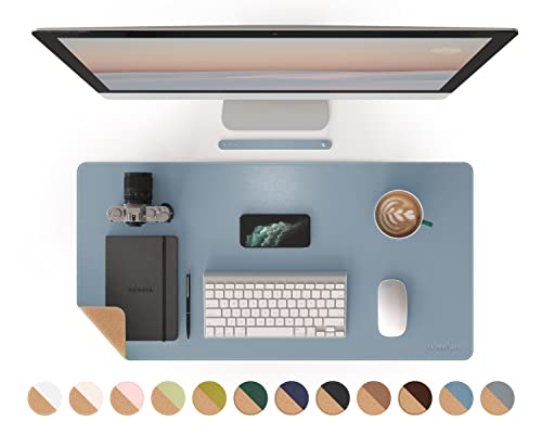 Dual-Sided Mouse Pad, Natural Cork & PU Leather Large Desk Pad for Office and Home Work, Desk Protector Non-Slip, Waterproof, Easy Clean (Blue Gray, 32"x16")