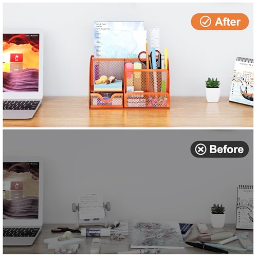 Mesh Desk Organizer with Drawer Multi-functional Pen Holder Stationery Organizer for Office School Supplies 6 Compartments Dorm Organizers and Storage for Desk, Orange - view 4