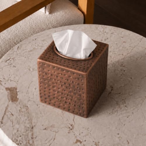 Tissue Box Cover Square – Hand Hammered Antique Copper Metal Tissue Holder Box for Bathroom Accessory, Aesthetic Decorative Facial Napkin Cube for Modern Home Decor - view 7