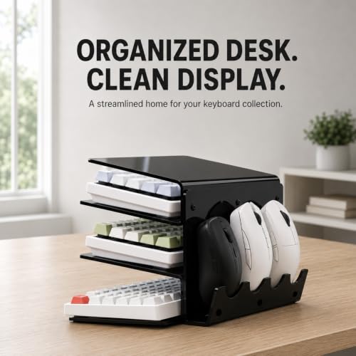 Keyboard Stand & Organizer, 3-Tier Black Acrylic Holds 4 Keyboards & 3 Mice, Includes Anti-Slip Pads, Brush & Dust Cloth for Gaming Setup & Home Office, Mechanical Keyboard Display Storage Rack - view 7