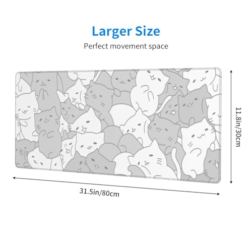 White Kawaii Cats E-Sport Mouse Pad Large Desk Mat Non-Slip Rubber Base Stitched Edge Keyboard Mouse Pad for Office Home E-Sport Computer Laptop, 31.5×11.8 Inches - view 2