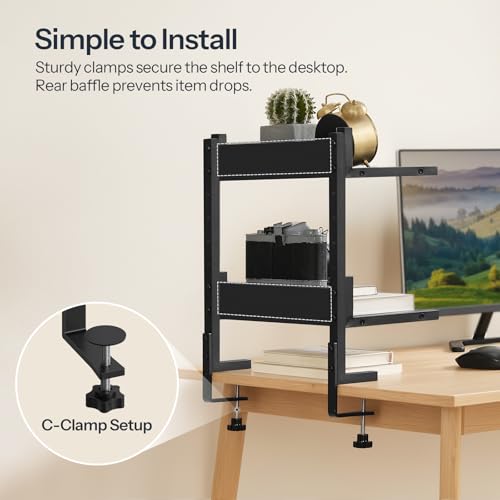 Clamp On Desk Shelf, 2-Tier Desktop Organizer, Space-Saving Desk Shelf with Adjustable Shelves, for Office, Study, Entertainment Accessories, Black BK32SJ01 - view 5