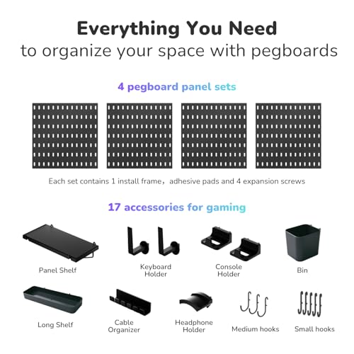 Peg Board Wall Organizer for Gaming Setup, Pegboard with Adhesives & Screw Mounts, Includes Peg Board Accessories for Gaming Accessories, Tech Storage & Office Organization (Black, 22″×22″) - view 4